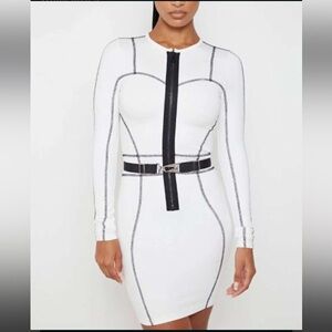 MANIERE DE VOIR Overlock Stitch White Body-con Belted Mini Dress Women’s SZ XS 4